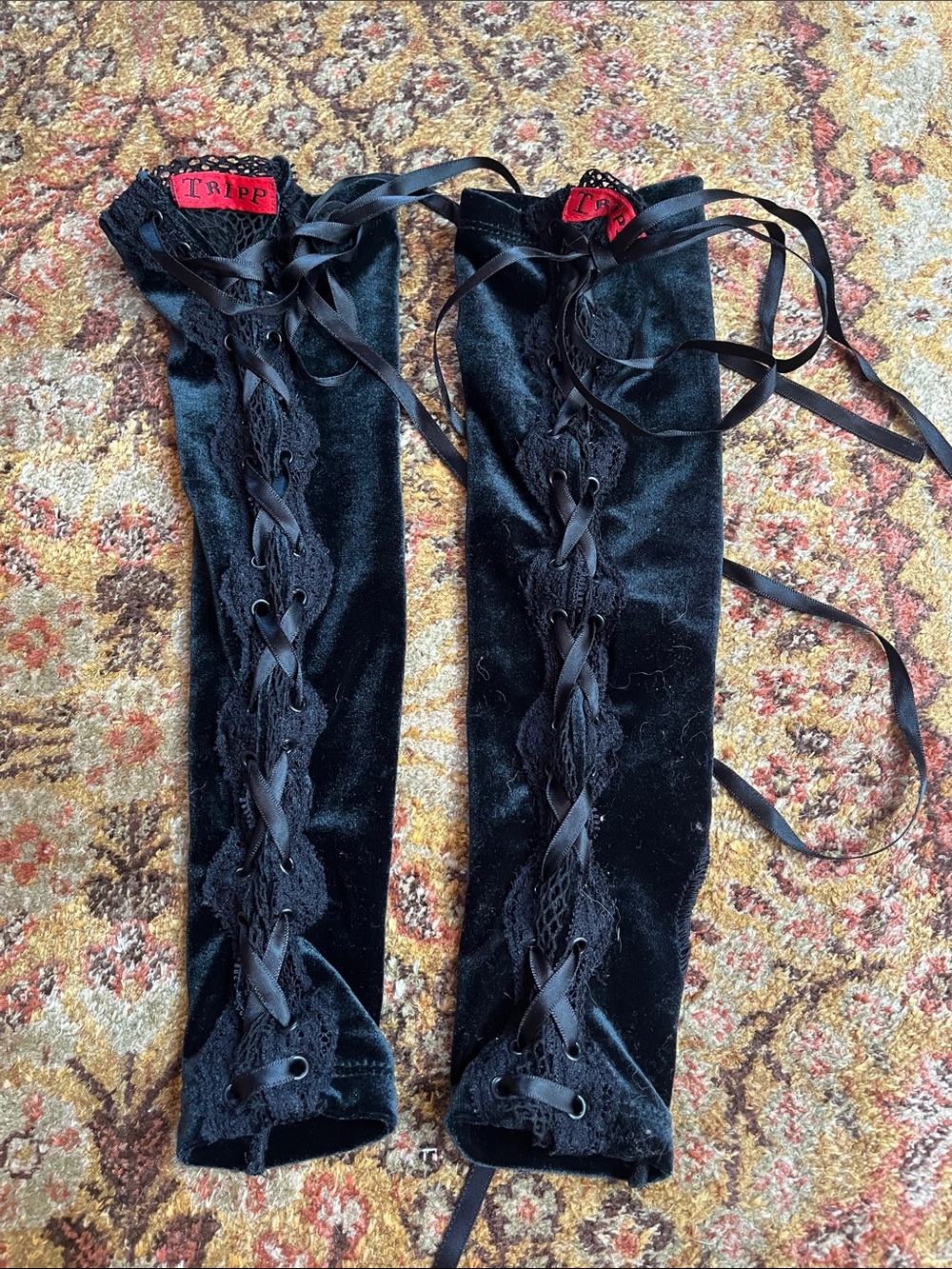 Vintage y2k Goth Tripp NYC velvet fishnet lace up armwarmers gloves
